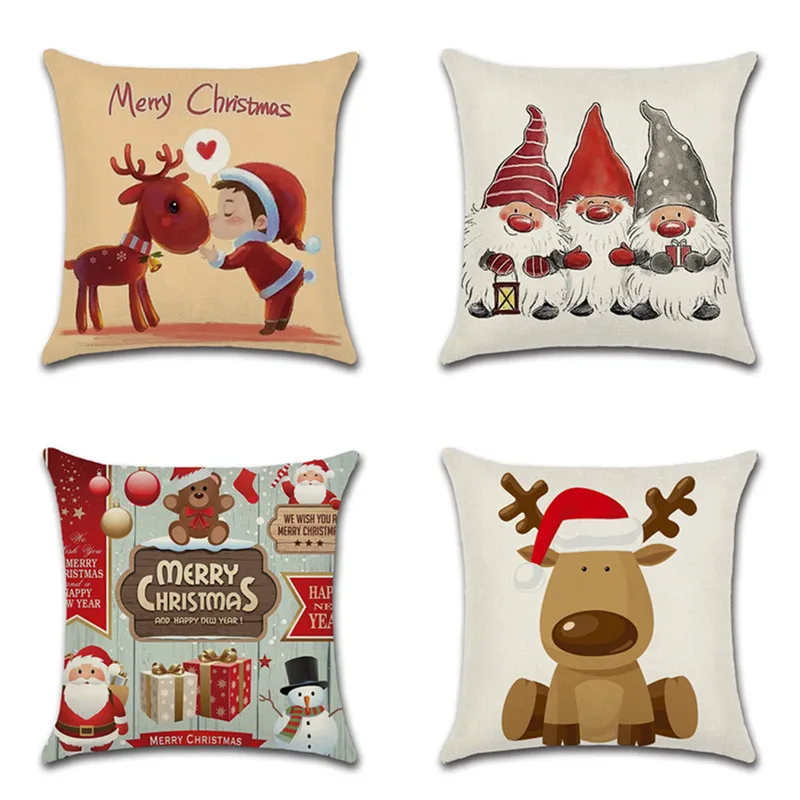 

Рождественская наволочка, наволочка, мультяшный Санта-Клаус, олень, подарок, льняная цифровая печать для дома