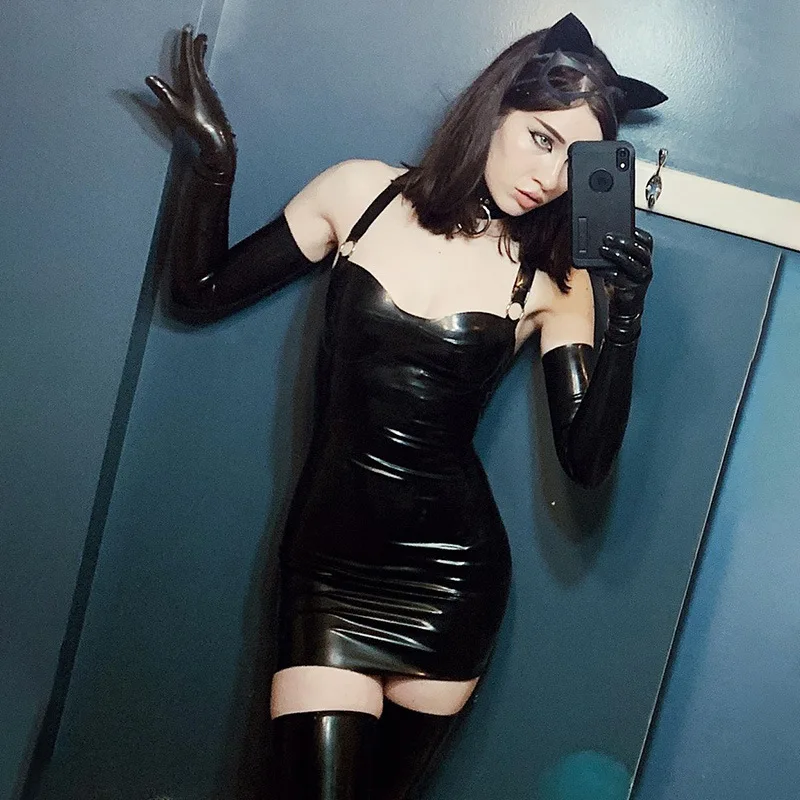 

Black PU Leather V Neck Spaghetti Strap Sleeveless Mini Sheath Women Hot Party Dress Pole Dance Clothing Sexy Bar Nightclub Wear
