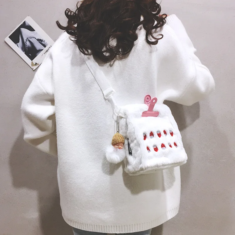 Женская плюшевая Сумка-тоут через плечо пушистая меховая милая сумка с фруктовой