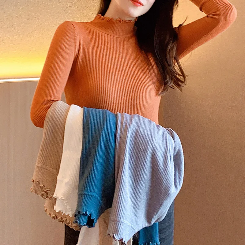 

Women Sweater Pullover Basic Rib Knitted Cotton Tops Solid Turtleneck Essential Jumper Long Sleeve Sweaters with Wood Ear