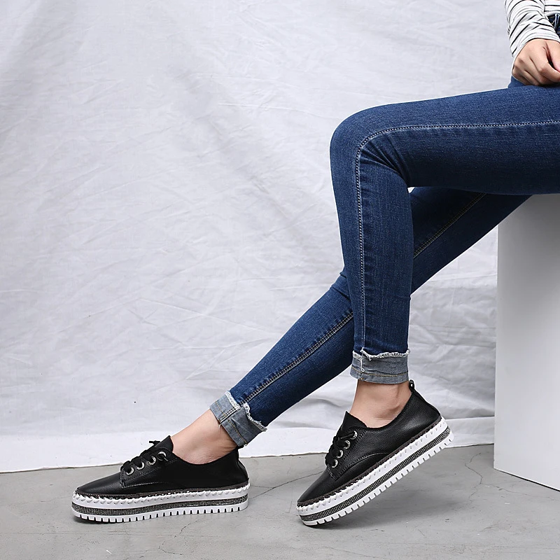 

2020 women platform sneakers shoes female Genuine Leather Walking flats Loafers for women White crystal Comfort Vacation shoes
