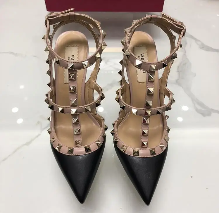 

Famous brand luxury ladies rivet sandals pointed high heels leather 6 cm 8 cm 10 cm ladies wedding shoes 34-43