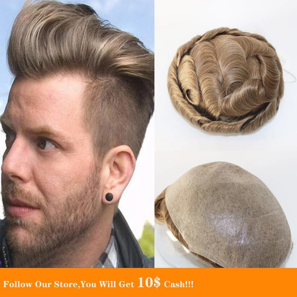 100% человеческие волосы BYMC мужской парик из искусственной кожи медовый светлый и