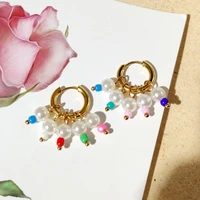 rainbow seed beads elegant imitation pearl hoop earrings for women gold color round vintage stainless steel earrings jewelry