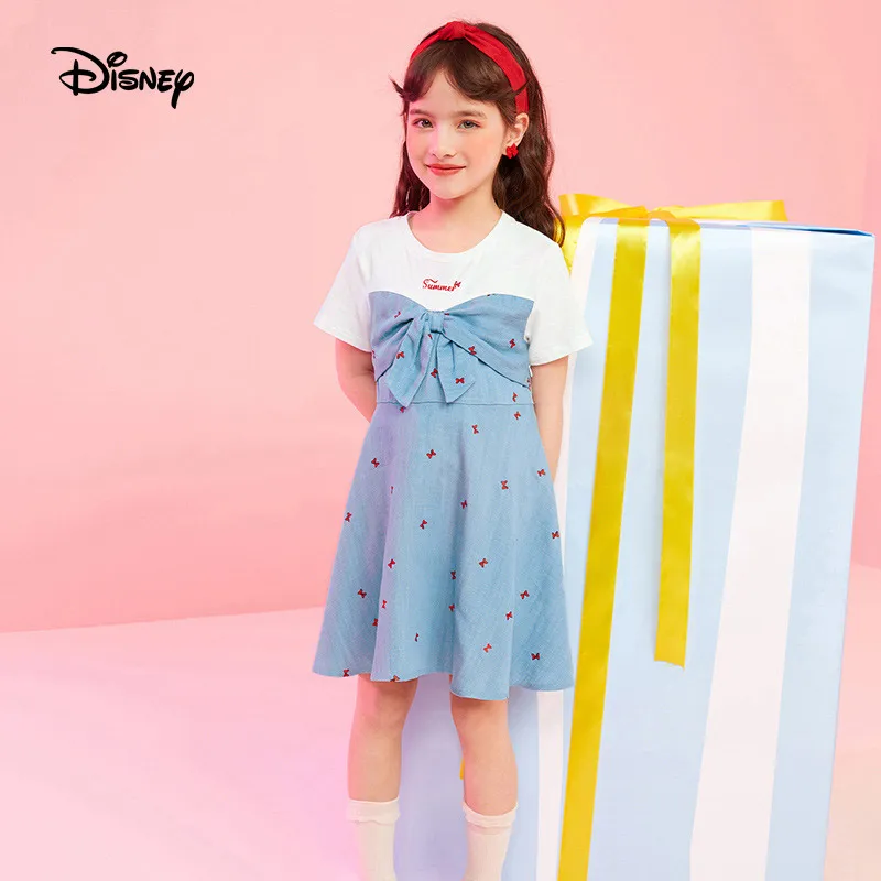 New Disney Summer Short Sleeve Splicing Dress Girl Skin Friendly Breathable Dress Pure Cotton Dress Party Leisure Denim Skirt