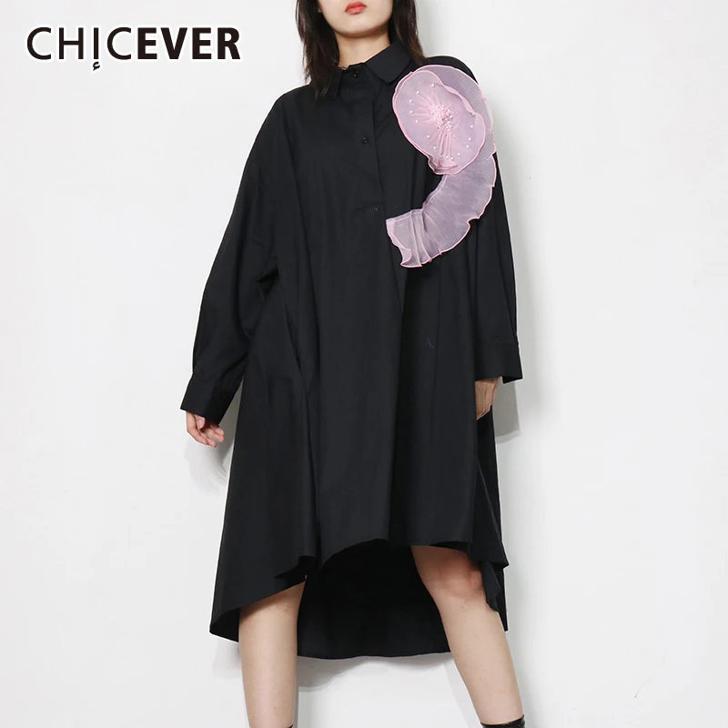 

CHICEVER Casual Patchwork Ruffle Trim Colorblock Dress Female Lapel Collar Long Sleeve Loose Solid Midi Dresses For Women 2021