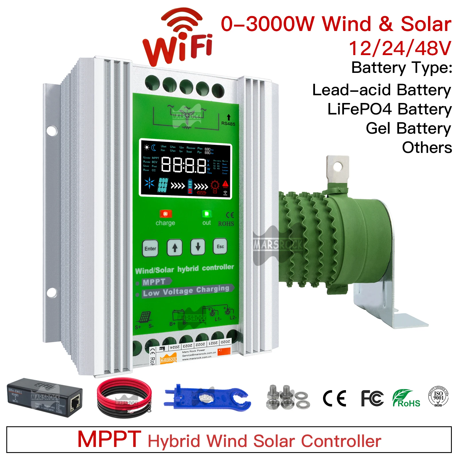 3000W MPPT Wind Solar Hybrid Charge Controller 12 24 48V 30A 60A LCD Display Wifi Monitor For Lifepo4 Lithium Lead Acid Battery