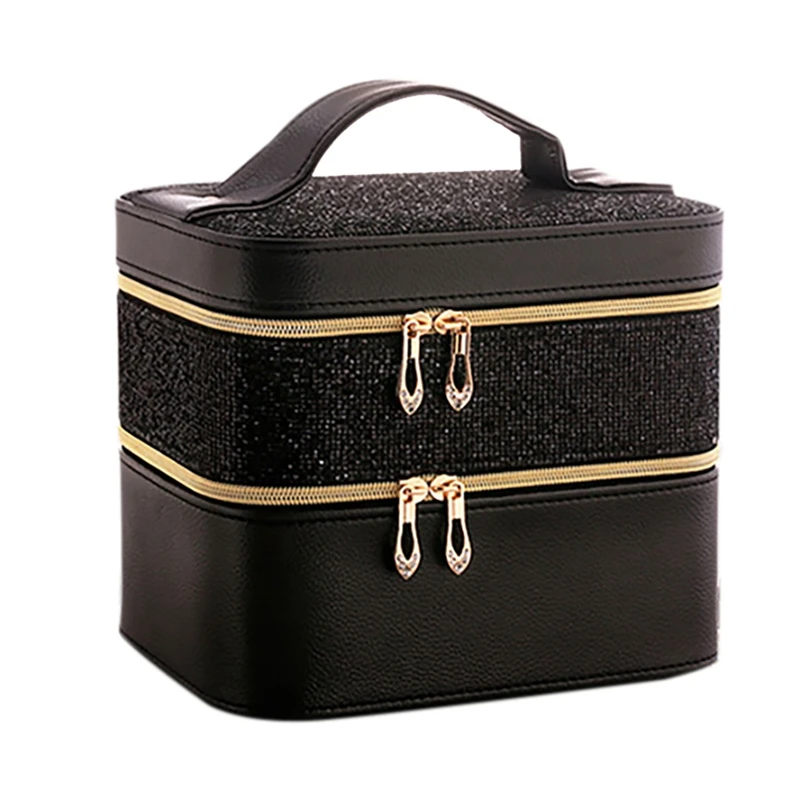 

2 Pcs High Capacity Jewelry Casket Makeup Storage Makeup Organizer Leather Beauty Travel Box, Champagne Yellow & Black