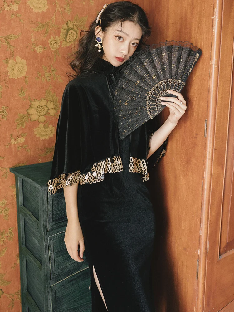 Черный бархат с вышивкой длинное женское платье 2021 элегантные весенние туфли