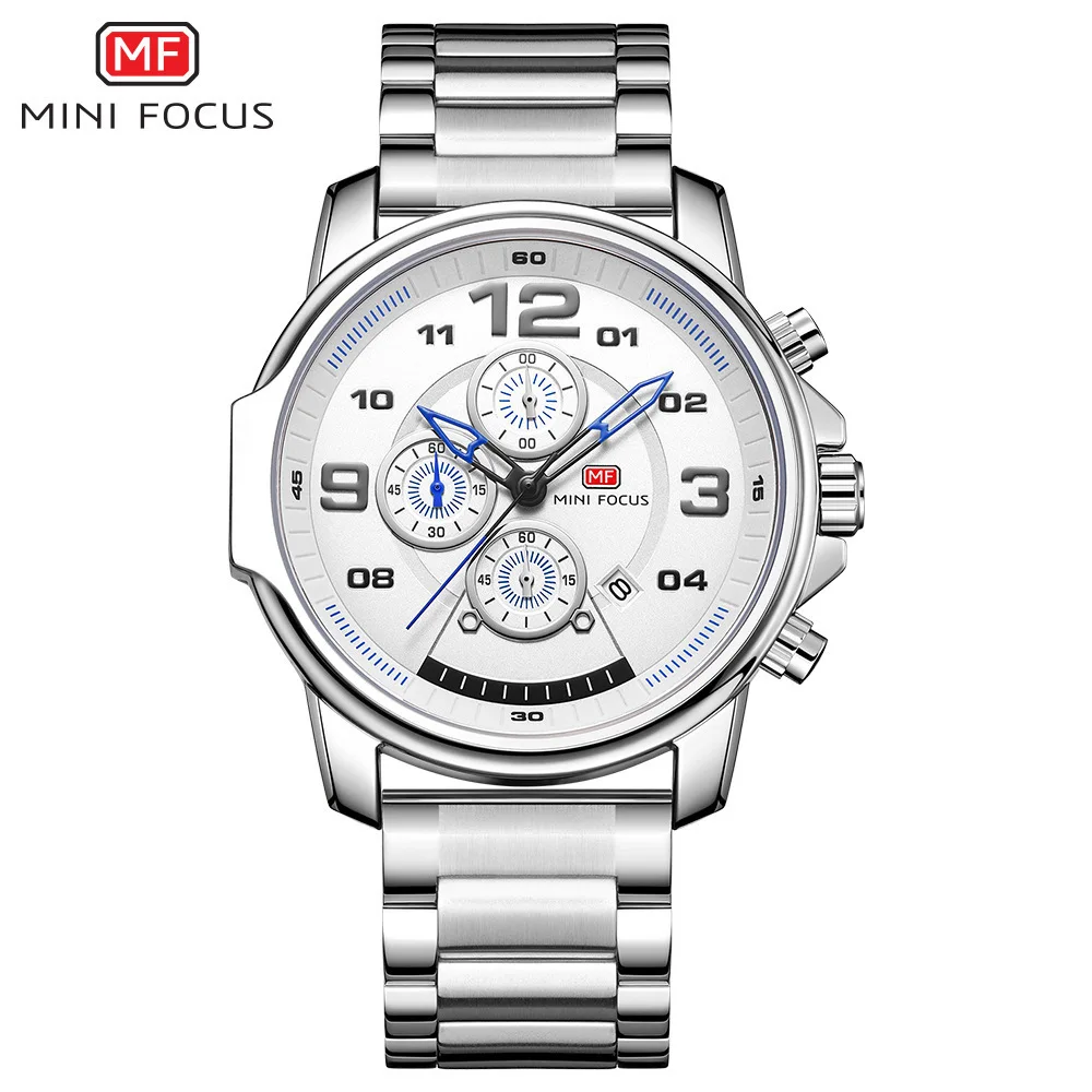 

MINI FOCUS brand fashion business men's watch multi-function chronograph movement calendar water steel strap 0229G