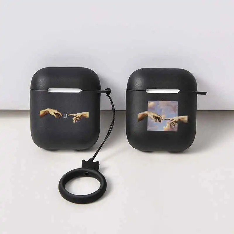 

Black Earphone Case For Airpods 1 2 Case with Crown Lanyard Painted Pattern Case Matte Skin Frosted Earphone Accessories Statue