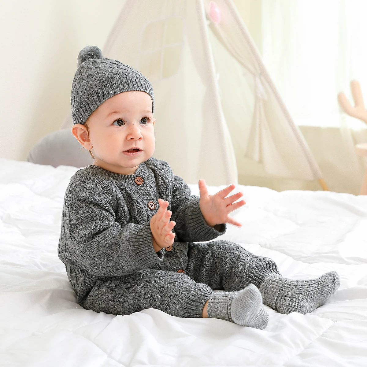 

Baby Knitted Rompers Newborn Toddler Solid Long Sleeve Jumpsuit Outfits Infant Autumn Winter Overalls Clothes with A Warm Hat
