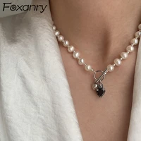 foxanry 925 stamp pearls necklace for women new fashion charming creative ot buckle design black zircon bride jewelry