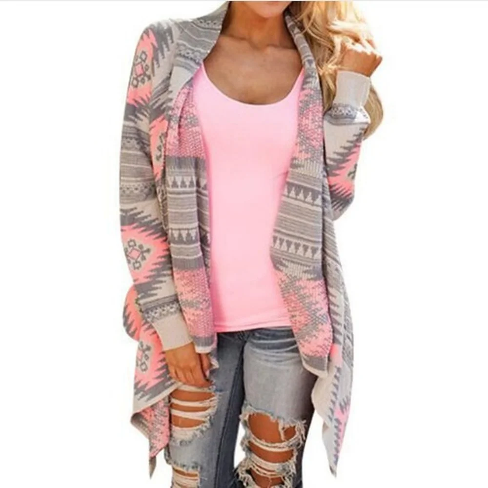 

Open Front Loose Sweaters Jumper Outwear Jackets Coat Tops Cardigans Women Irregular Geometric Printed Cardigan Autumn Winter