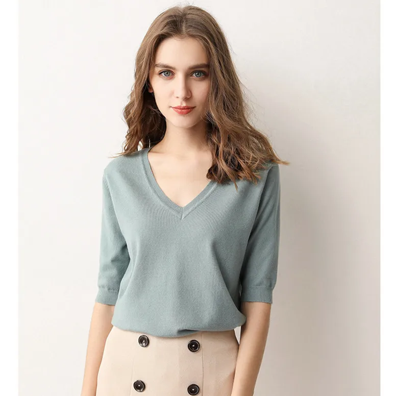 

Свитер Женский вязаный, с коротким рукавом и V-образным вырезом, топ-модные шорты