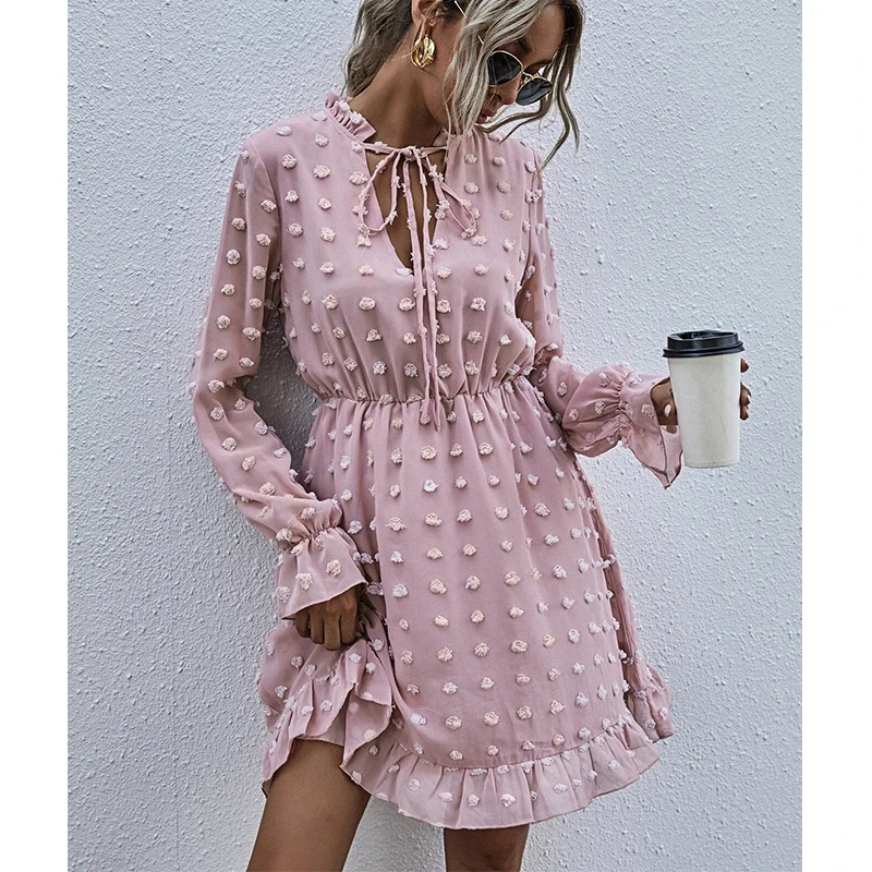 

Women Pompon Ruffles Long Sleeve Lace-Up Dress 2021 Spring Ladies Solid V Neck A-Line Tunic Dress Office Casual Mini Vestidos