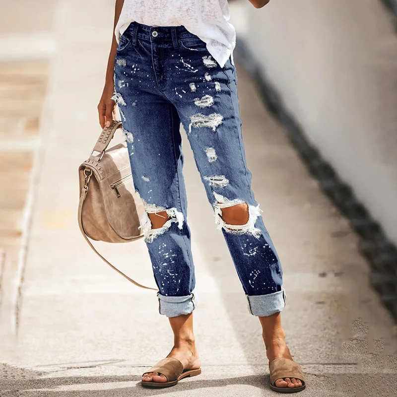 Fashion Jeans Women Pant Pull-On Vintage Distressed Ripped Pencil Pants Lady Casual Trousers High Street Female Denim Pants