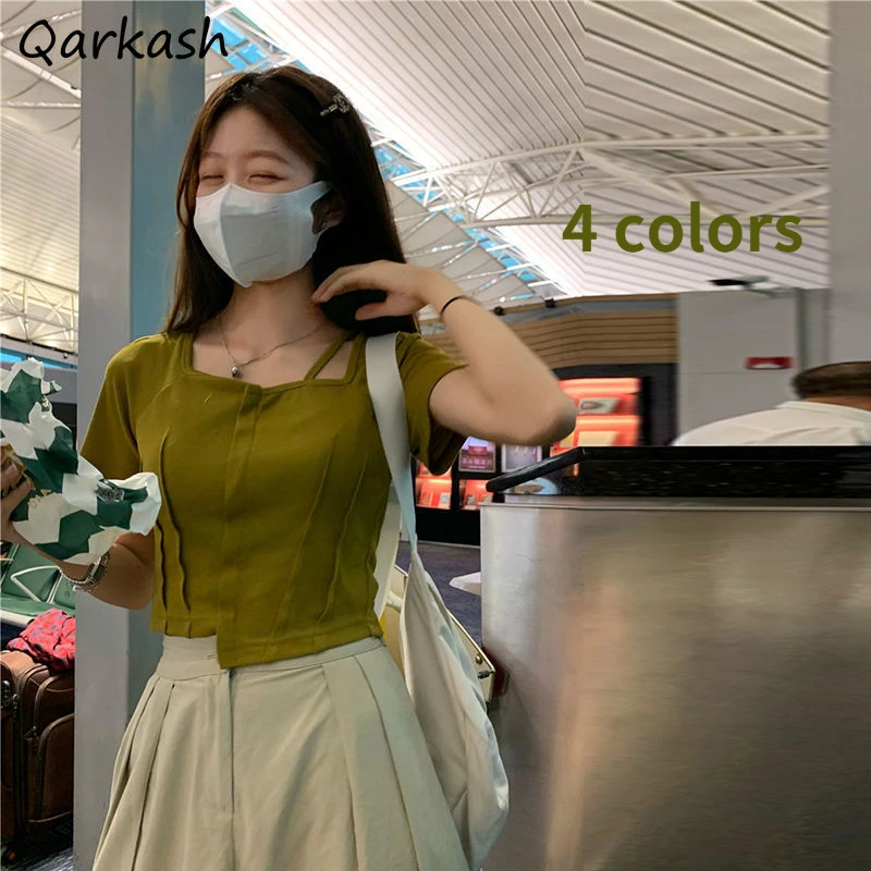 

Футболка женская с коротким рукавом, облегающий однотонный кроп-топ в стиле ольччан, асимметричный дизайнерский крутой уличный стиль, Унив...