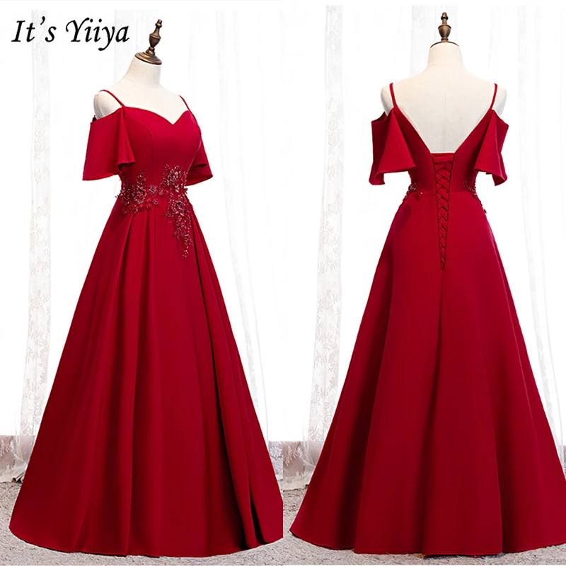 

It's Yiiya Evening Dress 2019 Summer Burgundy Ruffle Sleeve Spaghetti Strap Long Formal Gown Elegant Appliques A-Line Dress E976