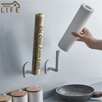 kitchen multifunctional punch free holder white wall mounted roll paper shelf non marking sticky hook home supplies accessories