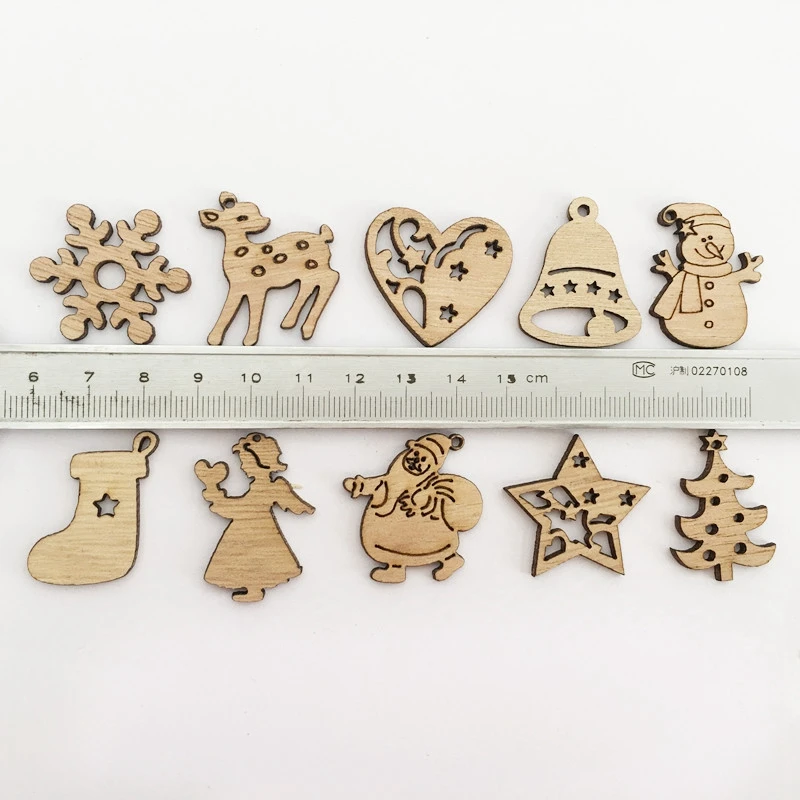 50Pcs DIY Natural Wooden Chip Santa Claus Christmas Tree Hanging Ornaments Pendant Kids Gifts Snowman Tree Shape Xmas Decoration