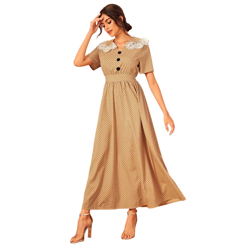 

Women's slim Lapel lace Polka button long dress