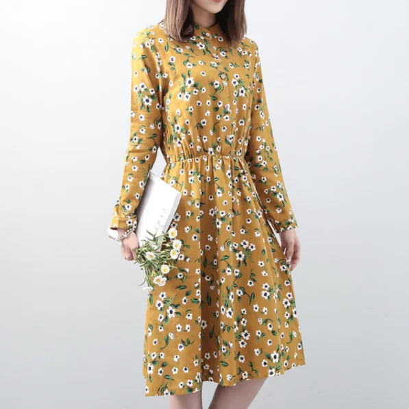 Демисезонное Цветочное платье рубашка с воротником стойкой и длинным