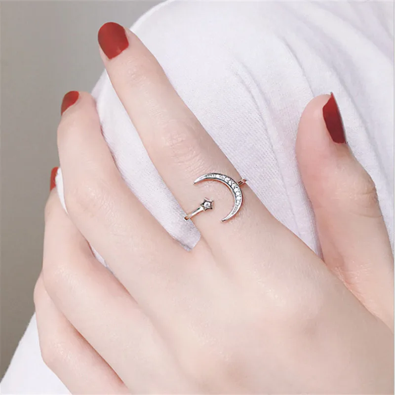 

925 Sterling Silver Rings Crystal Moon Star Adjustable Finger Ring For Women Wedding Jewelry Bijoux Femme JZ336