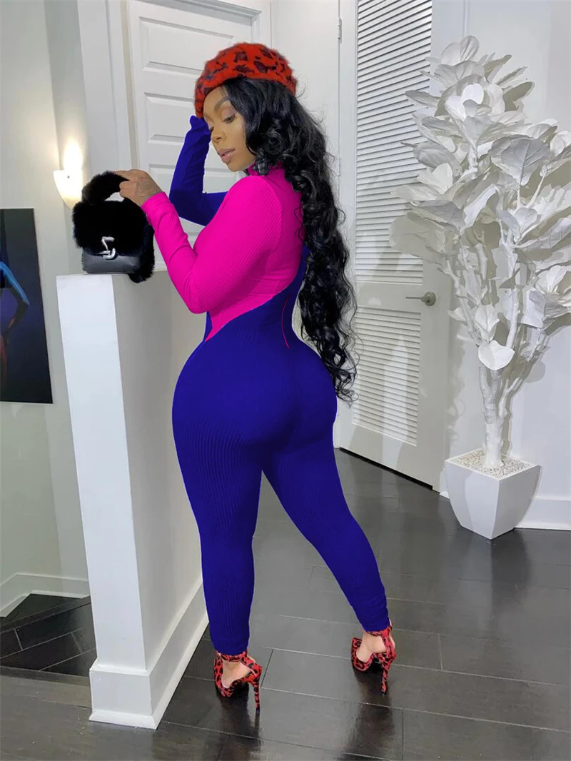 

Zoctuo Color Patchwork Sexy Jumpsuit Zipper Hollow Out Rompers And Jumpsuits For Women Turtleneck Long Sleeve Skinny Romper