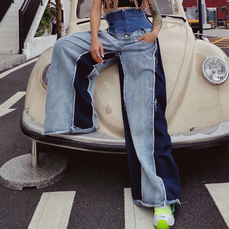 Женские широкие джинсы с высокой талией потертые расклешенные цветными блоками |