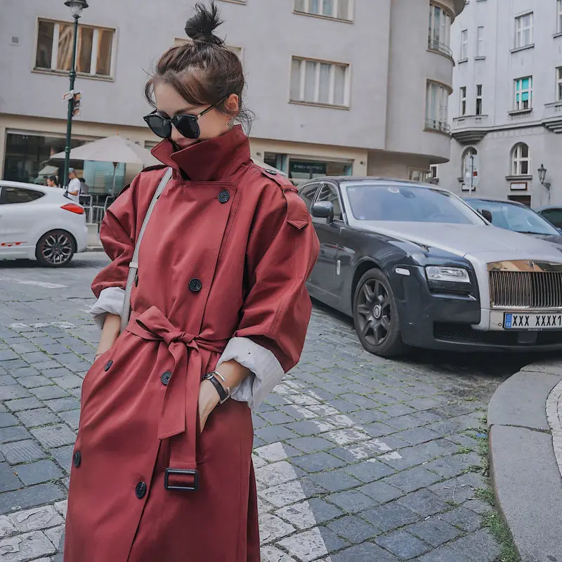 

Плащ женский, двубортный, с поясом, весна-осень, Тренч с лацканами