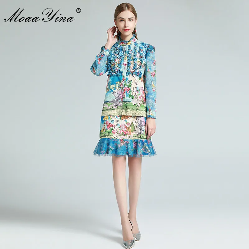 

MoaaYina Fashion Designer Set Spring Women's Ruffles Long sleeve Blouses Tops+Blueberry Angel Floral-Print Skirt Two-piece set
