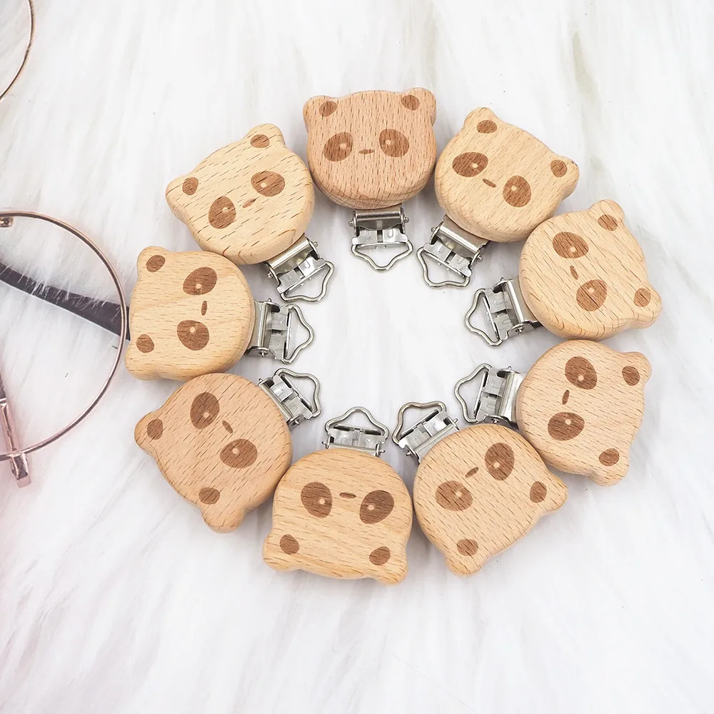 Chenkai-Clips de estrella redonda para coche, cadena de chupete natural de oso de madera, coraz&oacute;n, p&aacute;jaro, elefante, libre de BPA, bricolaje, 50 Uds.-4