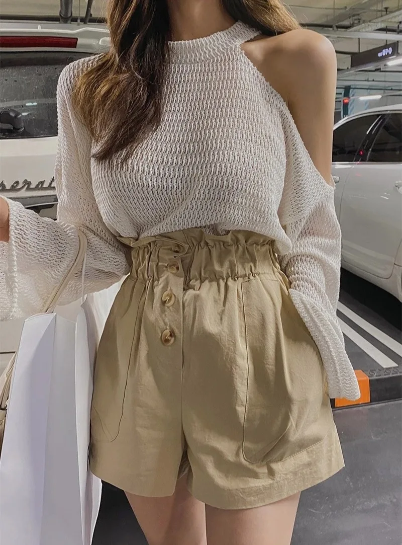 

Off-shoulder Knitted Tops Korean Fashion Hollow Out O-neck Loose Sweater 2021 New Design Long Sleeve Solid Pullovers