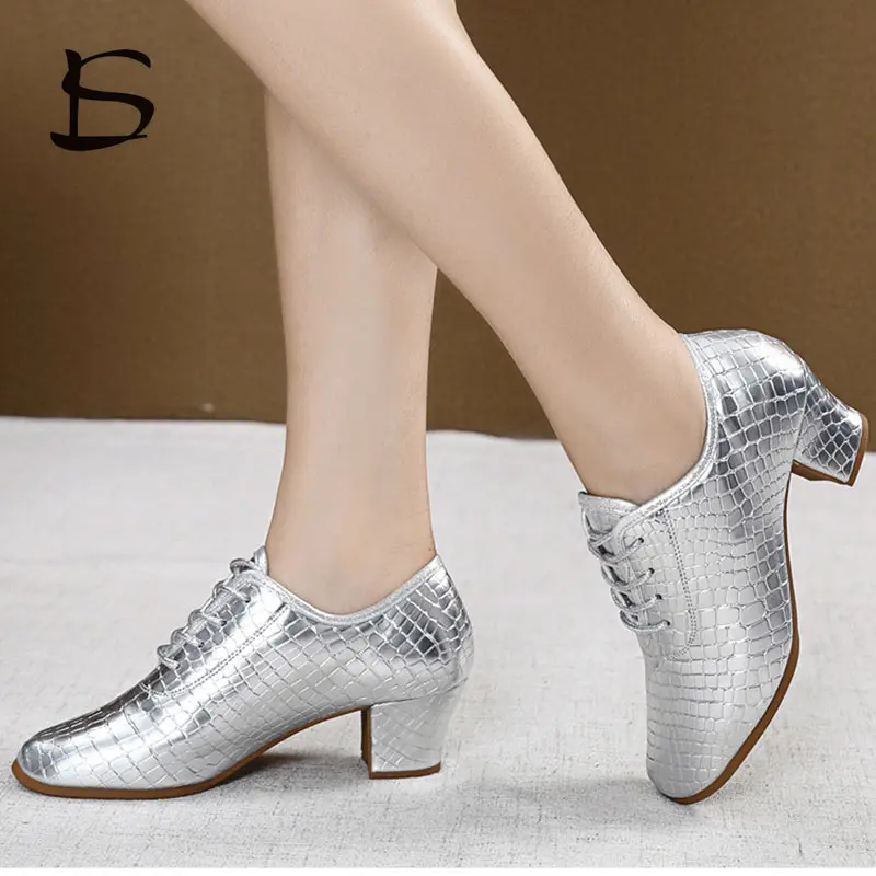 Women Latin Ballroom Dance Shoes Ladies Girls Modern Jazz Dance Shoes Silver PU Leather Black Salsa Dancing Shoes Teacher Shoe