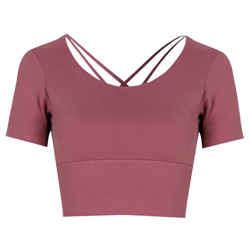 

Beautiful back short-sleeved t-shirt women self-slim quick-drying stretch yoga top sexy with chest pad exercise