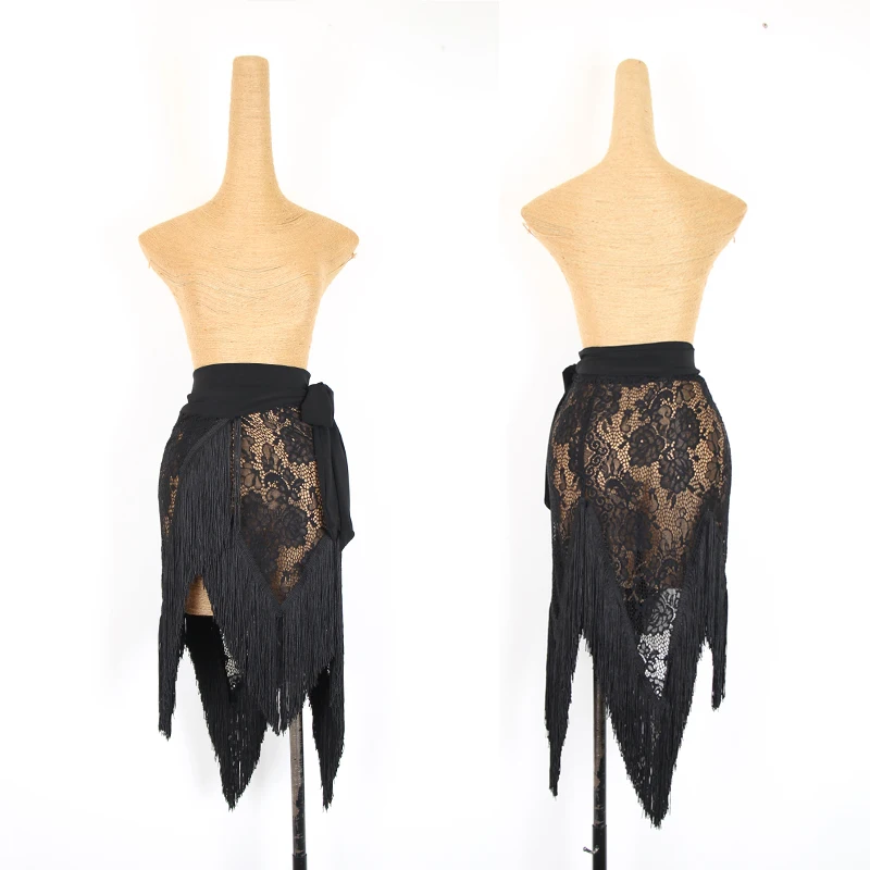 Юбка для латиноамериканских танцев женское платье с кисточками черное кружевное