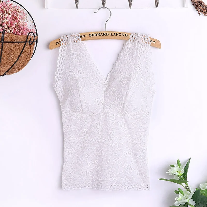 

Sexy Women's Vest Lace Tube Top For Ladies Flower With Chest Pad Fashion ong V-Neck Sleeveless Solid Color Underwear