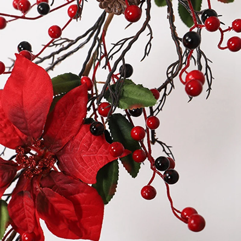Дверь венок Искусственные красный ягодная гирлянда с зелеными листьями для