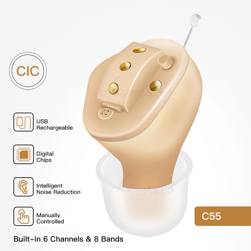Перезаряжаемый слуховой аппарат C55 невидимый полный цифровой 6 каналов 8 полос