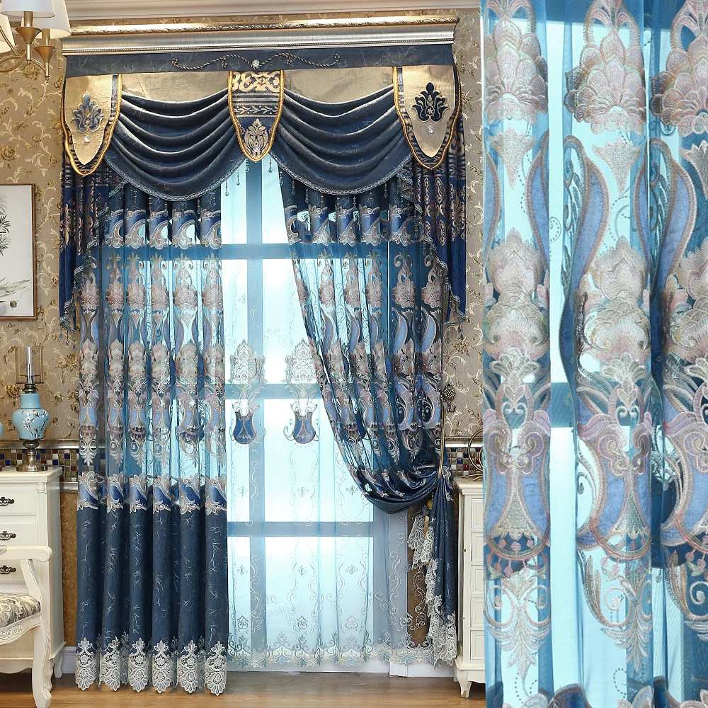 

Custom curtains European Upscale Chenille embroidered livingroom bedroom cotton cloth blackout curtain tulle valance drape M835
