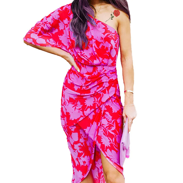 

Summer 2021 new fashion slant shoulder slim lace up split buttock Jumpsuit medium and long skirt
