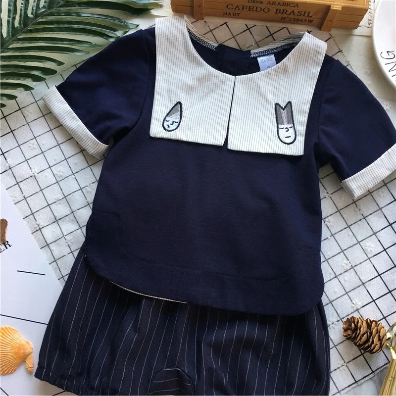 Летний костюм Tonytaobaby для мальчиков и девочек в полоску с воротником вышивкой |