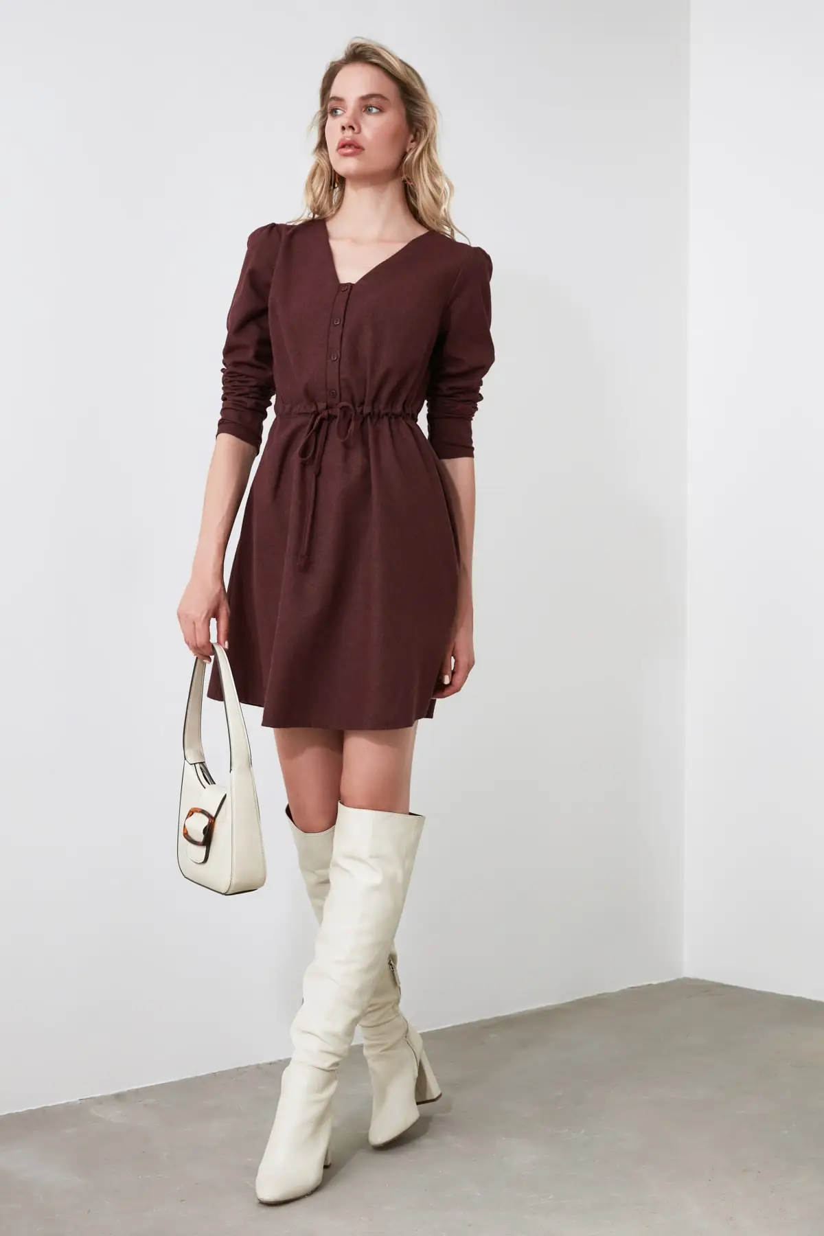 Бордовое платье с завязкой на талии TCLAW19AP0165 | Женская одежда