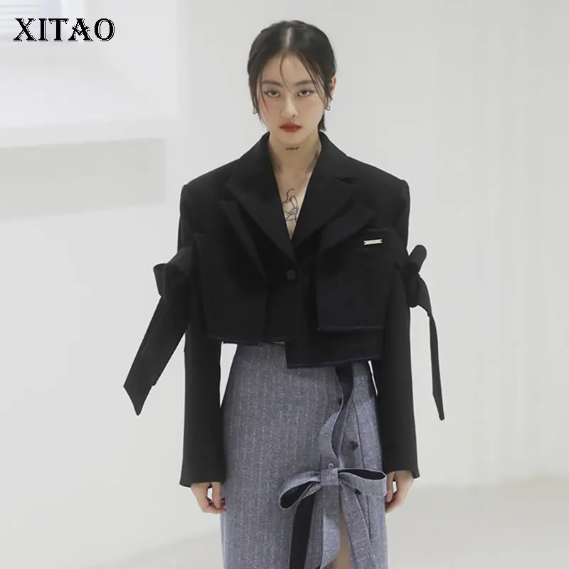 

XITAO Asymmetrical Blend Tailored Coat Fashion Short Bandage Bow Splicing Long Sleeve Women 2021 Autumn Winter New JL0362