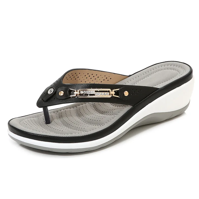 

Women's Slippers Summer New Fashion Metal Button Slides Shoes Wedge Beach Sandals Women Outside Platform Leisure Flip Flops