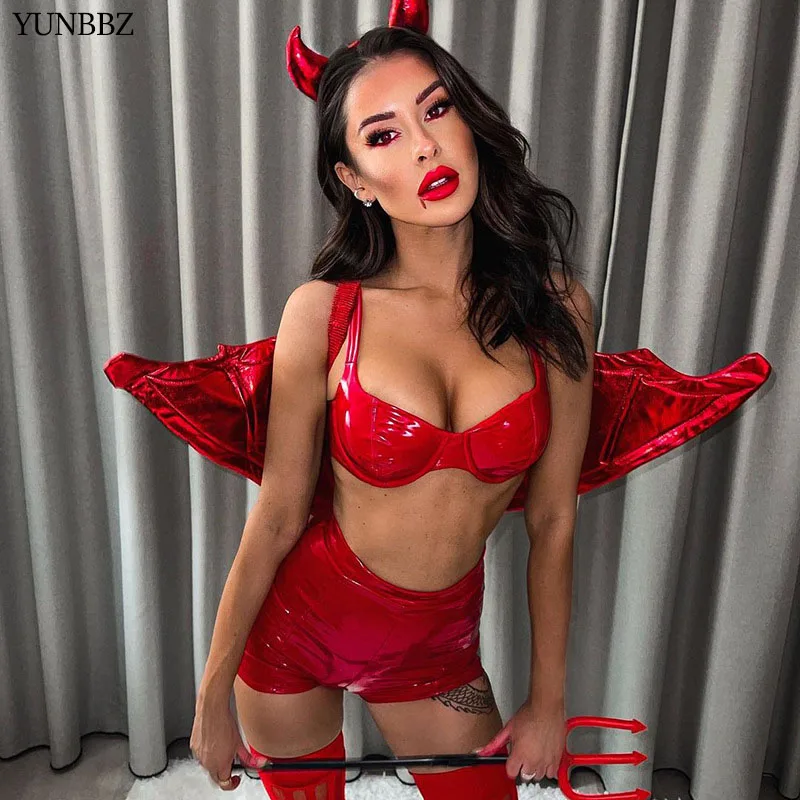 

Сексуальный комплект YUNBBZ из искусственной кожи из двух предметов для женщин, одежда, бюстгальтер, укороченный топ и шорты, костюмы, красные, ...