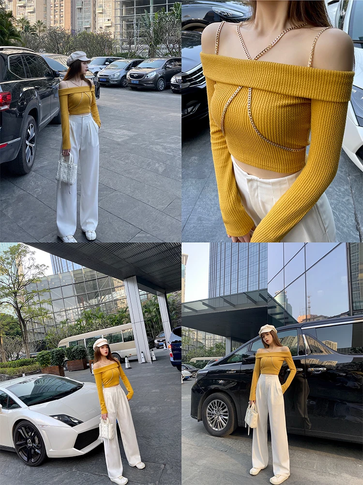 

2021 spring new all-match long-sleeved T-shirt women's chain one-shoulder slim top off-the-shoulder bottoming shirt