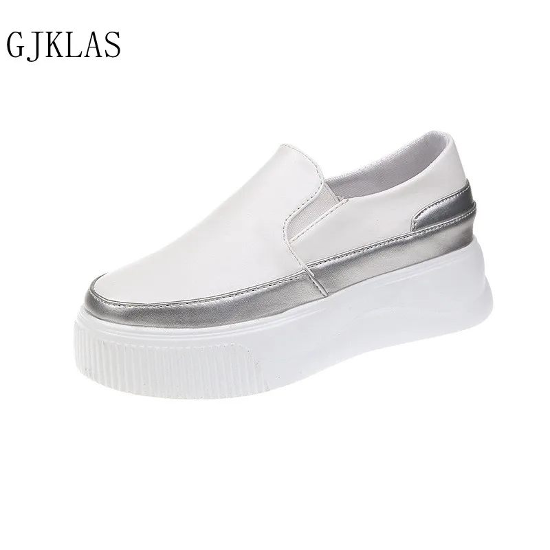 

Кроссовки женские кожаные на платформе, повседневная обувь без шнуровки, массивный каблук, черные белые