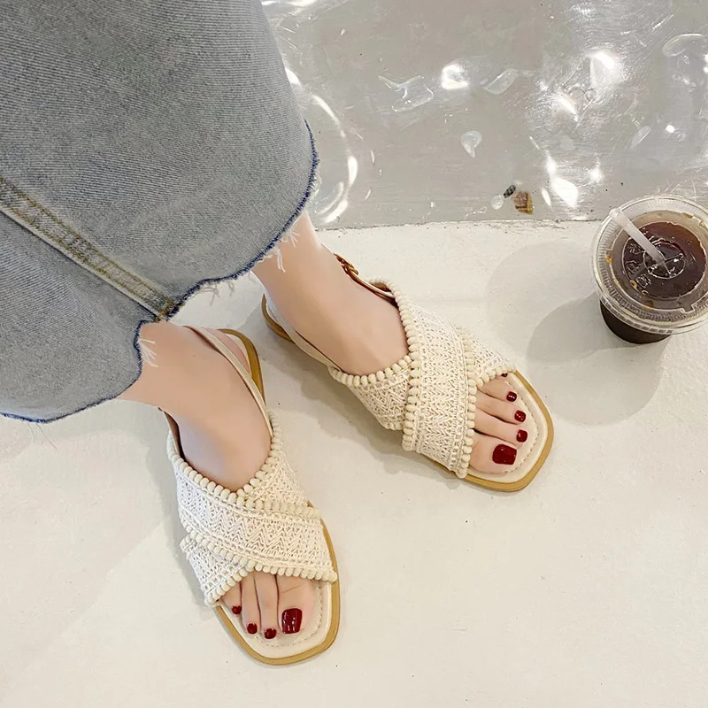 

Comfort Shoes for Women Beige Heeled Sandals 2021 Summer All-Match Black Fashion Girls Flat New Clear Buckle Strap Cotton Fabric